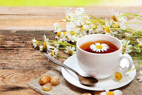 tasse en céramique blanche et soucoupe, thé, soucoupe, boisson, cuillère, tasse, Fond d'écran HD HD wallpaper