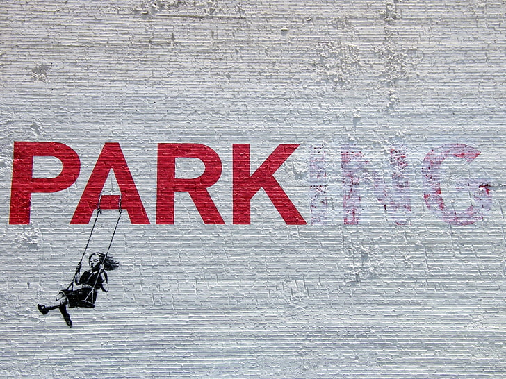 testo Park rosso, ragazza, graffiti, Banksy, stencil, parcheggio, Sfondo HD