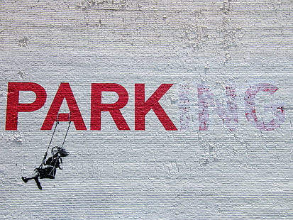 Texto rojo del parque, niña, graffiti, banksy, stencil, park-ing, Fondo de pantalla HD HD wallpaper