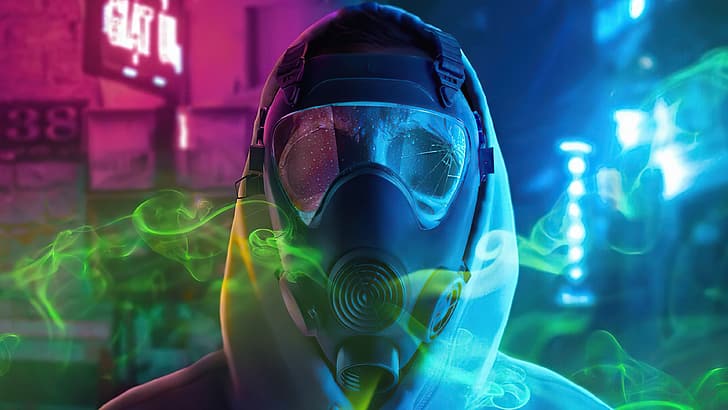 night, city, the city, people, protection, gas mask, man, toxic fumes, neon signs, fantastic art, фантастический арт, HD wallpaper