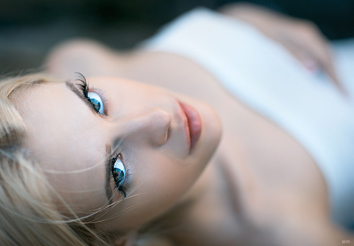 Igor Egorov, kvinnor, modell, ögon, blå ögon, skärpedjup, bara axlar, tittar på betraktaren, blondin, ansikte, HD tapet