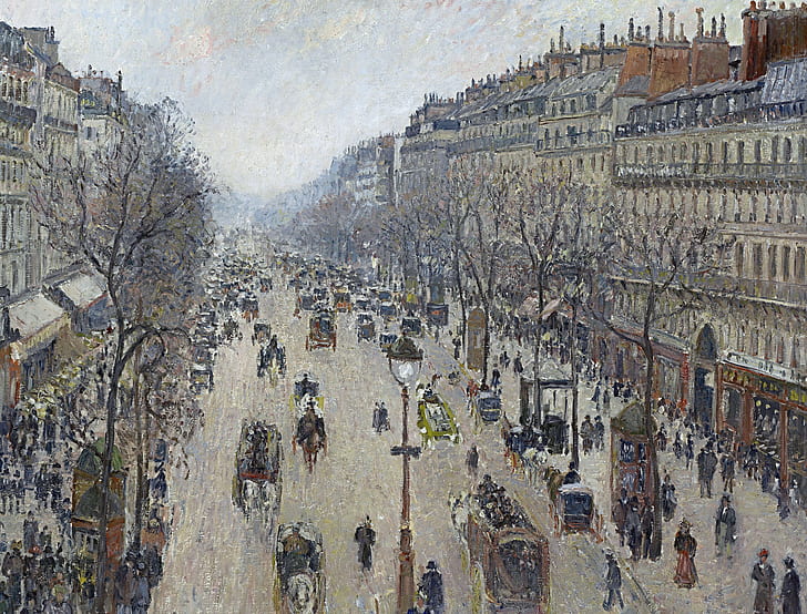 jalan, rumah, gambar, lanskap perkotaan, Camille Pissarro, The Boulevard Montmartre.Pagi.Mendung, Wallpaper HD
