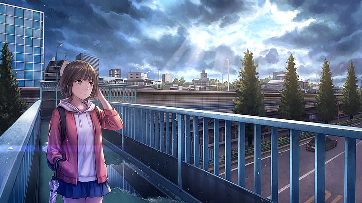 anime, anime girls, personagens originais, guarda-chuva, morena, cabelo curto, paisagem urbana, olhando para longe, HD papel de parede