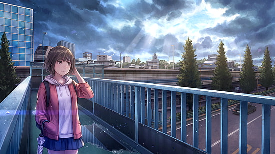 Anime, Anime Girls, originelle Charaktere, Regenschirm, Brünette, kurze Haare, Stadtbild, wegsehen, HD-Hintergrundbild HD wallpaper