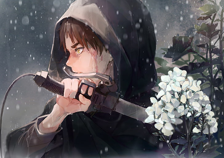 eren jaeger, shingeki no kyojin, hoodie, sword, raining, flowers, Attack on titan, Anime, วอลล์เปเปอร์ HD