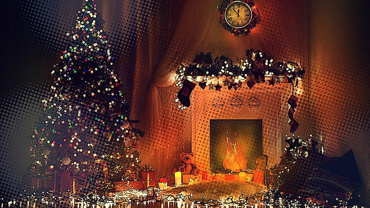 камина, дървета, играчки, часовници, светлини, огън, Коледа, HD тапет