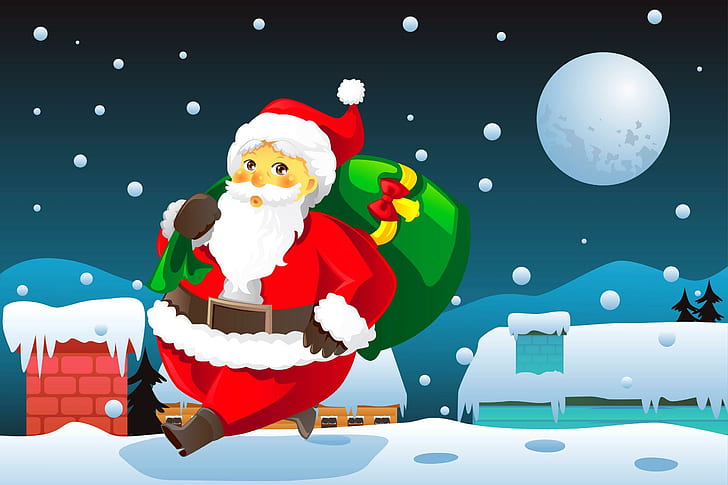 Jolly Santa, santa claus artwork, christmas, santa claus, santa, snow, winter, xmas, moon, night, 3d and abstract, HD wallpaper