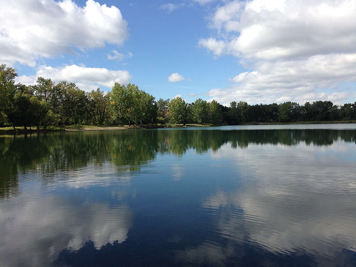 синьо небе, карбурнов парк, парк, езерце, подпухнали облаци, отражение, лято, HD тапет