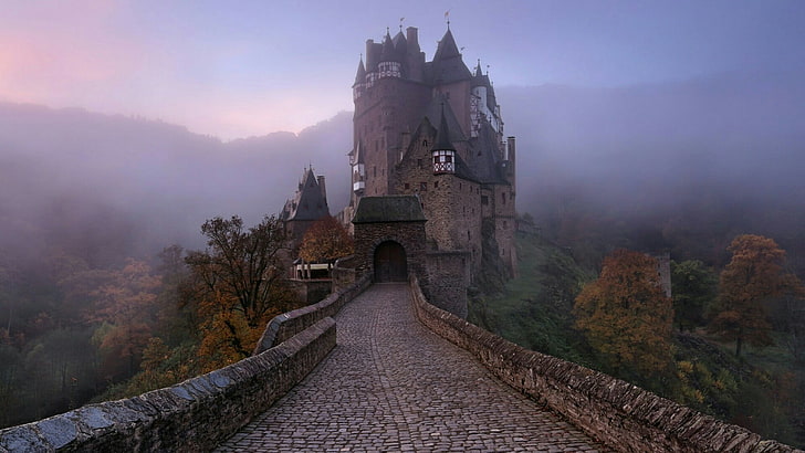 europe, history, middle ages, tree, mountain, fog, tourist attraction, fortification, misty, medieval architecture, eltz castle, germany, building, morning, historic, sky, wierschem, landmark, castle, HD wallpaper