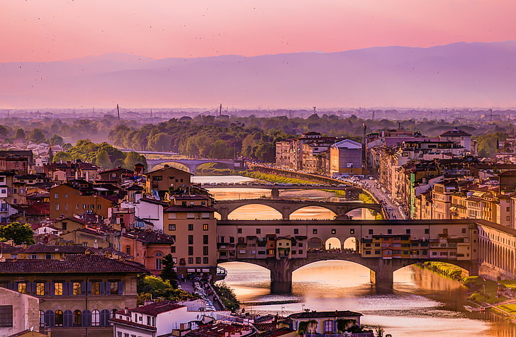 the sky, landscape, mountains, bridge, home, Italy, Florence, the Arno river, the view from Piazzale Michelangelo, HD wallpaper