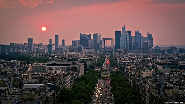 graue Gebäude unter rotem Himmel bei Sonnenuntergang, Paris, Stadt, Stadtbild, Verkehr, Wolkenkratzer, HD-Hintergrundbild