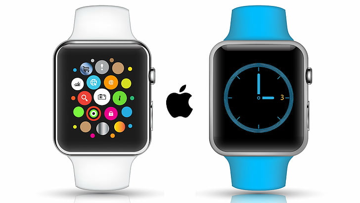 青と白のスポーツバンド、Apple Watch、時計、壁紙、5 k、4 k、レビュー、iWatch、Apple、インターフェイス、ディスプレイ、シルバー、リアルフューチャーガジェットを備えた2つの銀のApple Watch、 HDデスクトップの壁紙