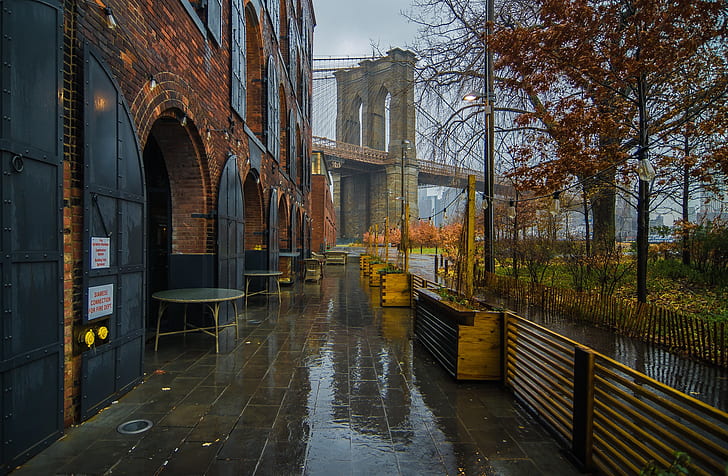 musim gugur, jembatan, hujan, pohon, New York, kafe, Kota New York, Jembatan Brooklyn, Taman Jembatan Brooklyn, Wallpaper HD