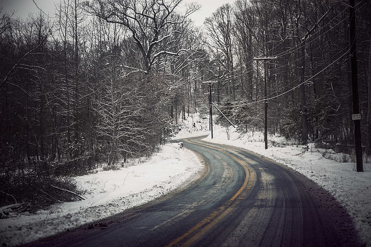 strada in cemento grigio, strada, ruota, neve, Sfondo HD