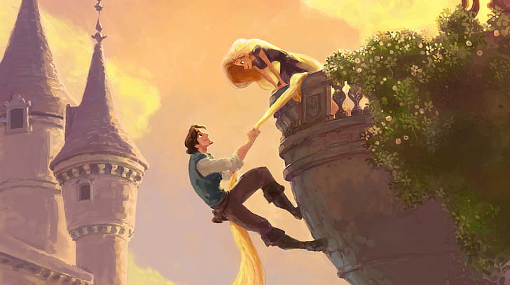 tower, balcony, long hair, Rapunzel, tangled, Flynn, HD wallpaper