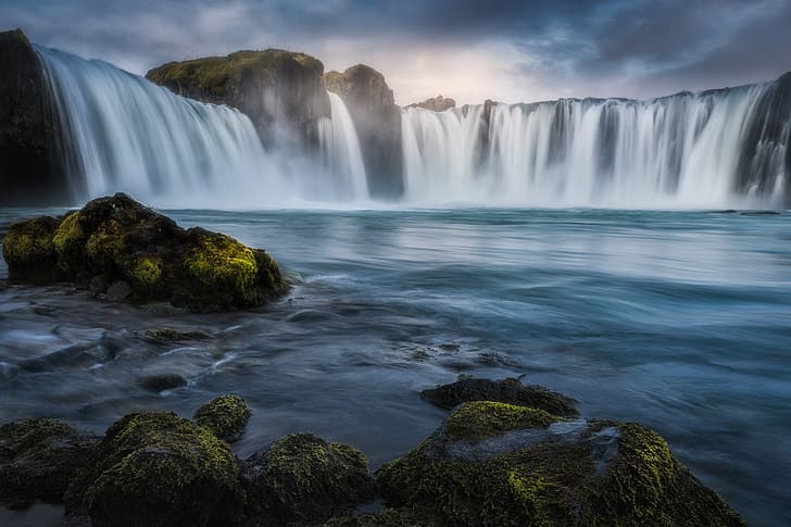 река, камъни, водопад, Исландия, Годафос, Река Скьяульвандафльоут, река Skjálfandafljót, HD тапет