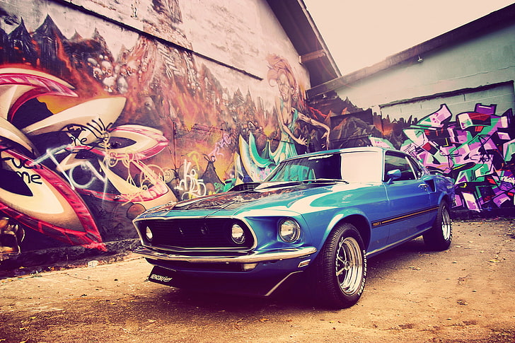 blue Ford Mustang coupe, home, Mustang, Ford, 1969, grafiti, Classic, Muscle Car, HD wallpaper