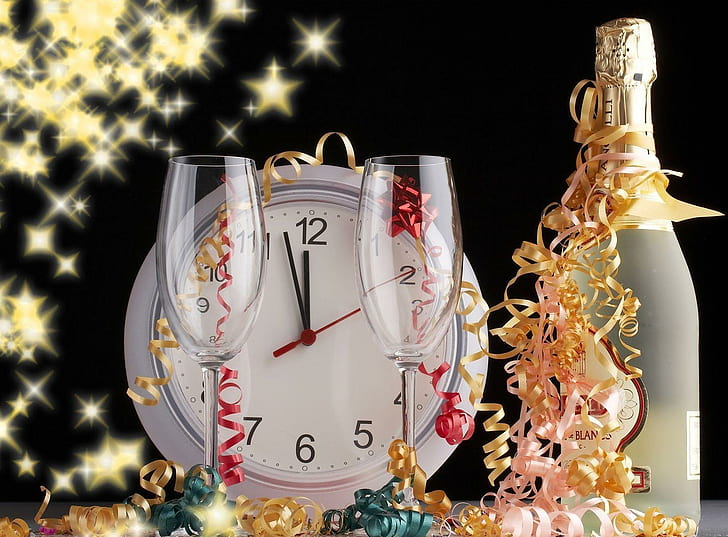 Capodanno, Natale, champagne, bicchieri, coriandoli, orologio, mezzanotte, festa, Capodanno, Natale, champagne, bicchieri, coriandoli, orologio, mezzanotte, festa, Sfondo HD