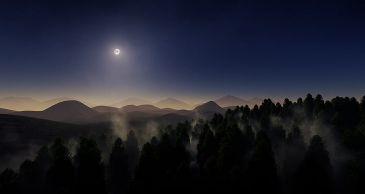 weiße und schwarze Betonoberfläche, Landschaft, Natur, Nebel, Mond, Berge, Wald, Nacht, Mondschein, Bäume, HD-Hintergrundbild