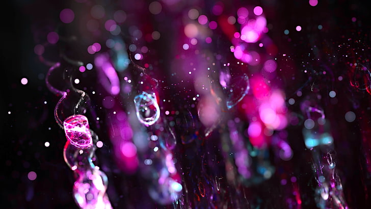фиолетовые капли воды, фиолетовые и прозрачные капли воды иллюзия, фрактал, аннотация, цифровое искусство, боке, размыто, фиолетовый, HD обои