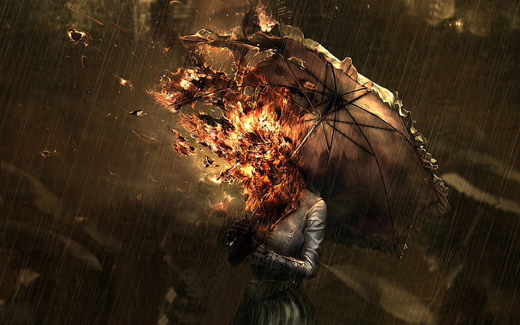 personne tenant un parapluie brûlant papier peint, femme tenant un parapluie brûlant sous la pluie, feu, femmes, dessin, œuvres d'art, pluie, art fantastique, gravure, fille fantastique, apocalyptique, art numérique, Fond d'écran HD