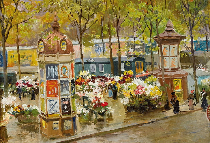 цветы, картина, городской пейзаж, афиша, Карло Бранкаччо, бульвар в Париже, HD обои