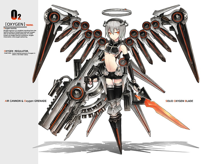 anime, anthropomorphism, artist, blades, characters, eyes, gia, girls, gray, guns, hair, halos, highs, mechanical, navel, orange, original, ornaments, oxygen, short, shorts, text, thigh, toxicity, weapons, wings, HD wallpaper