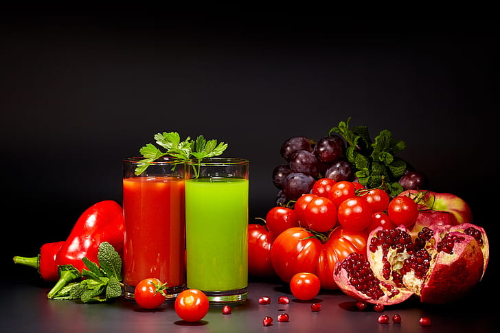red, juice, grapes, green, glasses, black background, tomatoes, garnet, HD wallpaper