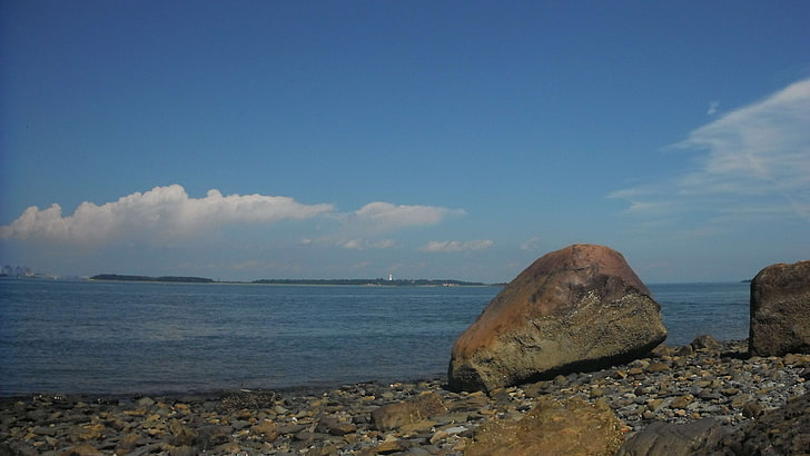boston, boston harbor, boulder, clear day, island, ocean, pebble beach, rock, HD wallpaper