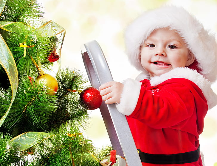 children, ladder, New year, guy, Christmas tree, merry Christmas, Adorable funny beautiful kid, adorable funny beautiful, HD wallpaper