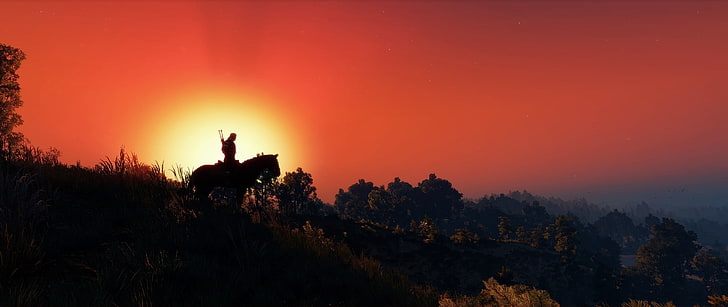 silhouette of person riding horse, The Witcher 3: Wild Hunt, HD wallpaper
