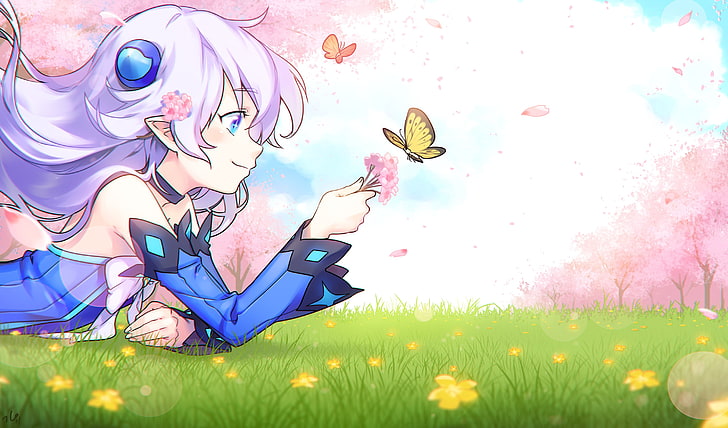 Anime Mädchen, Lu (Elsword), Elsword, Aqua Augen, Schmetterling, Kirschblüte, weiße Haare, spitze Ohren, Gras, HD-Hintergrundbild
