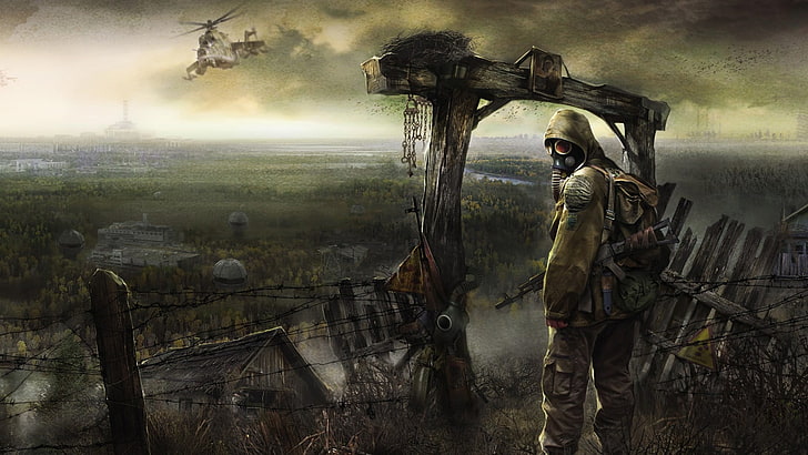 lukisan digital orang dengan jaket kuning dan topeng hitam berdiri di depan lengkungan kayu cokelat, S.T.L.K.E.R., Shadow of Chernobyl, Pripyat, apocalyptic, S.T..L.K.E.R .: Clear Sky, video game, futuristik, Wallpaper HD