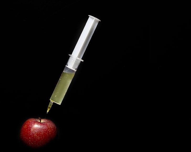 ampoule, apple, bless you, disposable syringe, doctor, genetic modification, hypodermic syringe, injection, manipulation, needle, syringe, to disinfect, HD wallpaper