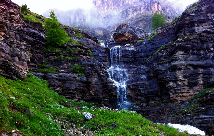 cachoeira, névoa, lago, rio, natureza, montanhas, HD papel de parede