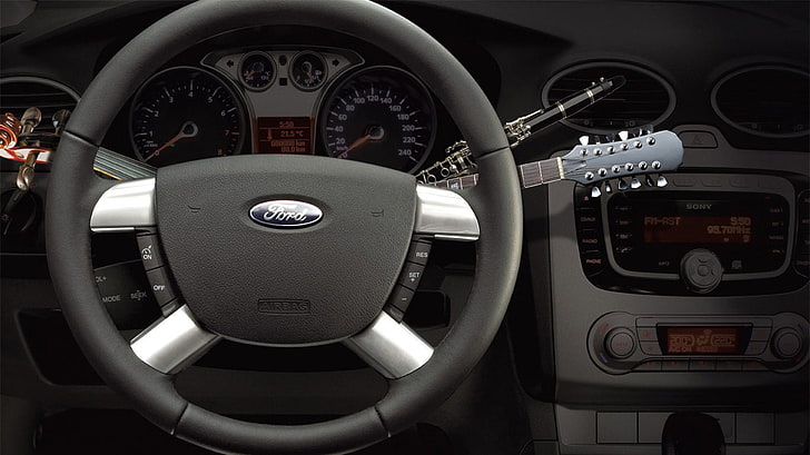 Ford steering wheel, artwork, car, Ford, guitar, violin, musical instrument, HD wallpaper