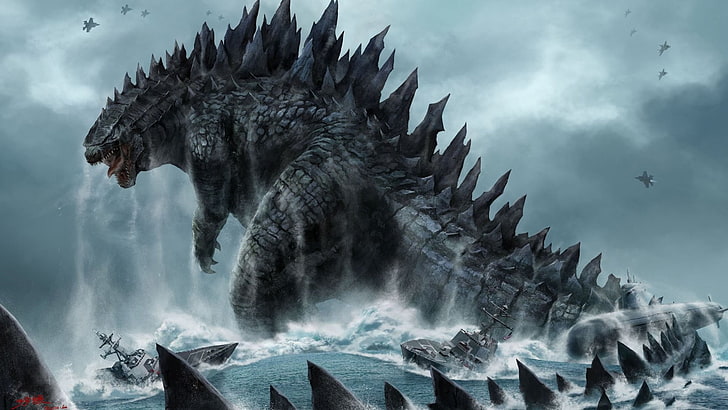 Godzilla tapet, fantasy konst, digital konst, varelse, Godzilla, båt, vatten, hav, vågor, flygplan, strid, dinosaurier, fartyg, ubåt, moln, kaiju, HD tapet