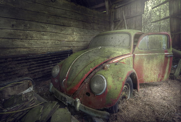 opuszczony, stodoła, Volkswagen Beetle, wrak, Tapety HD