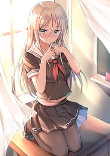 anime, anime girls, Azur Lane, Bismarck (Azur Lane), uniforme escolar, colegial, meia-calça, HD papel de parede HD wallpaper