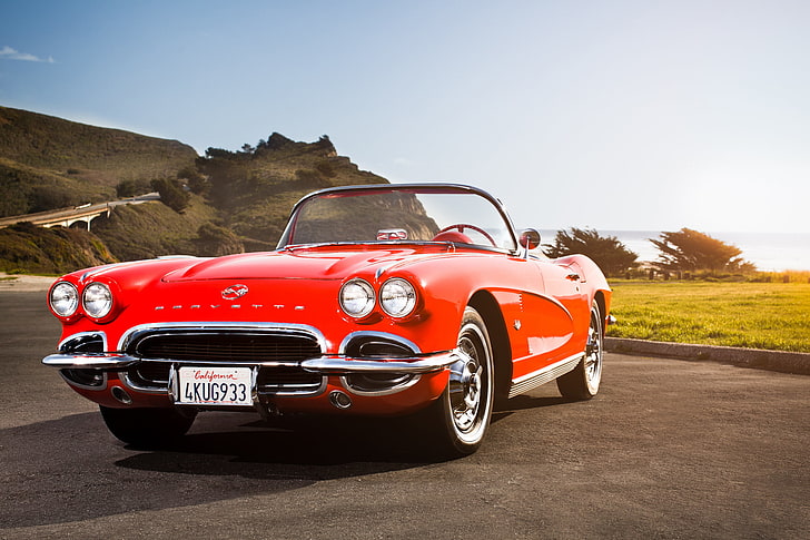 червен Chevrolet Corvette C1 кабриолет купе, Corvette, класически, chevrolet, Chevy, 1962, Калифорния Dreaming, HD тапет