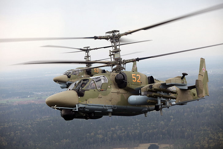 two green helicopters, missiles, pilot, flight, helicopter, camouflage, BBC, ka-52, suspension, loraschi, HD wallpaper