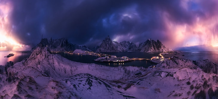 snow filled mountain, nature, landscape, Reine, Lofoten Islands, Norway, panoramas, winter, lights, snow, mountains, sea, clouds, sky, cold, HD wallpaper