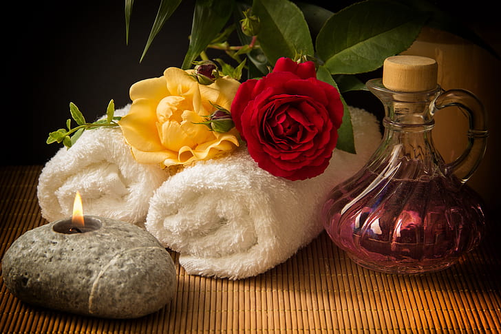 Man Made, Spa, Candle, Flower, Red Rose, Rose, Still Life, Towel, HD wallpaper