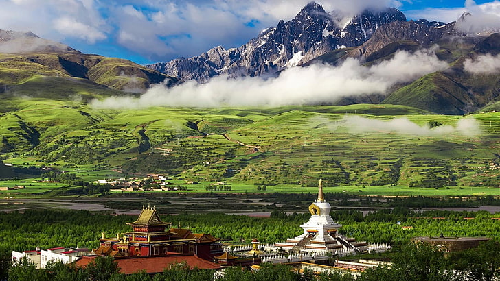 寺院、塔、宗教、仏教、仏教、チベット、ゾクチェン修道院、ガーゼ、ガンジー、四川、中国、仏塔、山脈、山の風景、山、 HDデスクトップの壁紙