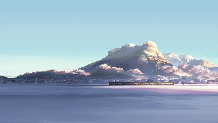 tren negro y rojo, 5 centímetros por segundo, tren, nieve, montañas, invierno, Makoto Shinkai, anime, Fondo de pantalla HD