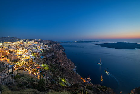 Santorini, Grekland, Santorini, Grekland, kväll, Grecia, havet, öar, hus, fartyg, HD tapet HD wallpaper
