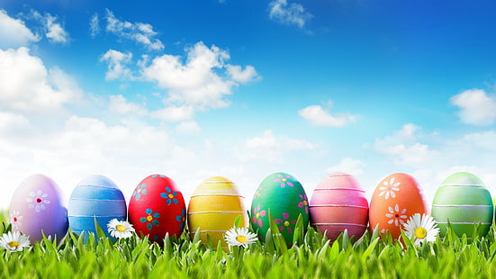 Празник, Великден, Цветове, Великденско яйце, трева, небе, HD тапет HD wallpaper