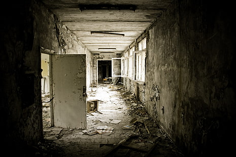 en el interior, Chernobyl, abandonado, puerta, ventana, ruina, Fondo de pantalla HD HD wallpaper