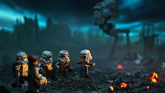 beberapa tokoh Star Wars, miniatur, kedalaman bidang, LEGO, Star Wars, stormtrooper, Battlefield, LEGO Star Wars, mainan, gelap, Wallpaper HD HD wallpaper