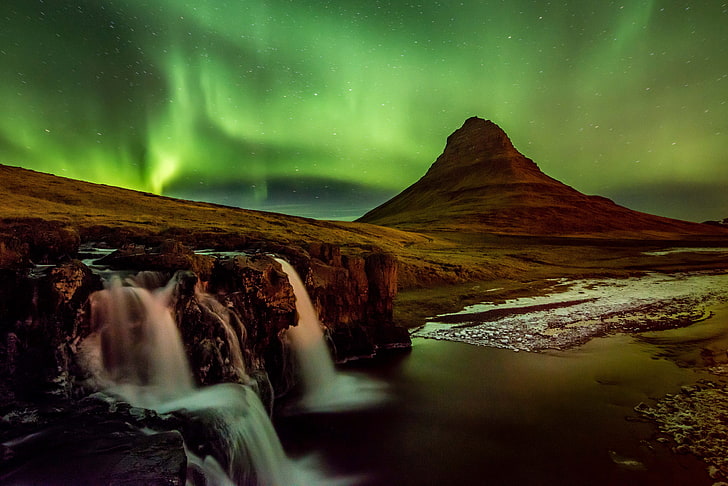 waterfalls wallpaper, night, mountain, Northern lights, the volcano, North, Iceland, Kirkjufell, Dan Ballard Photography, HD wallpaper